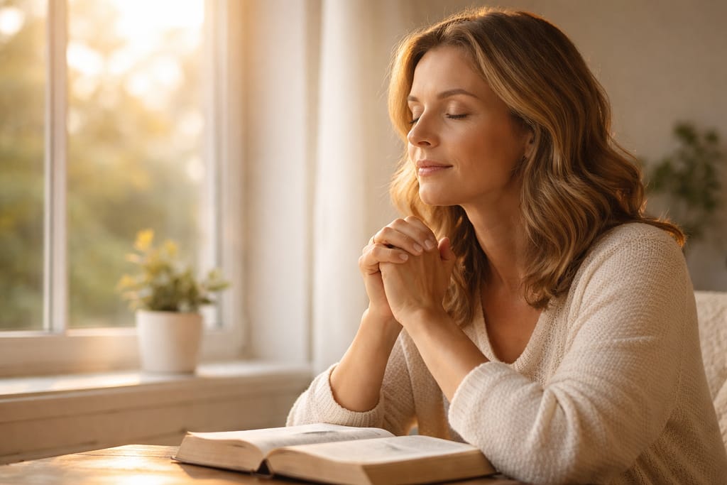 Woman praying peacefully with eyes closed in soft morning light